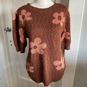 Sonoma Brown Flower Power Hippie Boho Knit Sweater, Sz M Coquette half sleeves